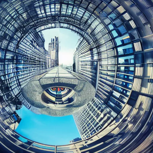Image similar to Bustling photorealistic!!! utopian city reimagined by Max Hay, inverted fisheye lens!!!, eyelevel!!! view!!! photography, trending on artstation, 4k, 8k, lens distortion, chromatic aberration, soft focus blur, photorealistic imagery, photorealistic details, intricate, highly detailed, artstation 3d, artstation render, artstation 3d render, 3d art, unreal engine 3d, octane 3d, blender 3d, 3d landscape