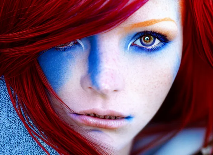 Prompt: award winning 8 5 mm close up face portrait photo of a redhead with maroon colored hair and perfect symmetrical blue human eyes in a park by luis royo.