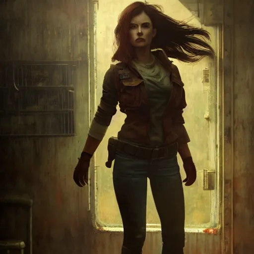 Image similar to fallout 5, charismatic beautiful rugged brunette female protagonist, portrait, indoors dilapidated store interior, atmospheric lighting, painted, intricate, volumetric lighting, beautiful, daytime, overcast weather, sharp focus, deep colours, ultra detailed, by leesha hannigan, ross tran, thierry doizon, kai carpenter, ignacio fernandez rios