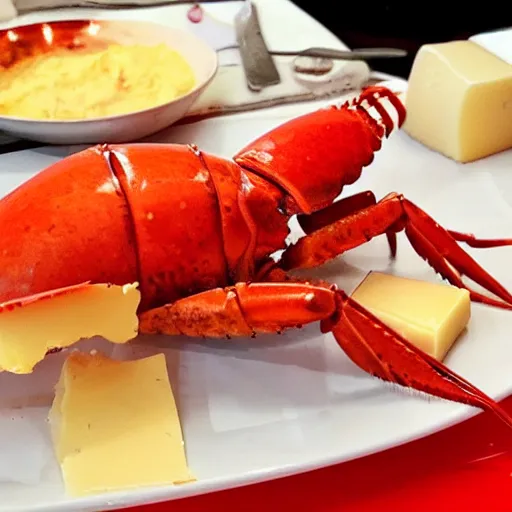 Prompt: lobster holding cheese on it's claws