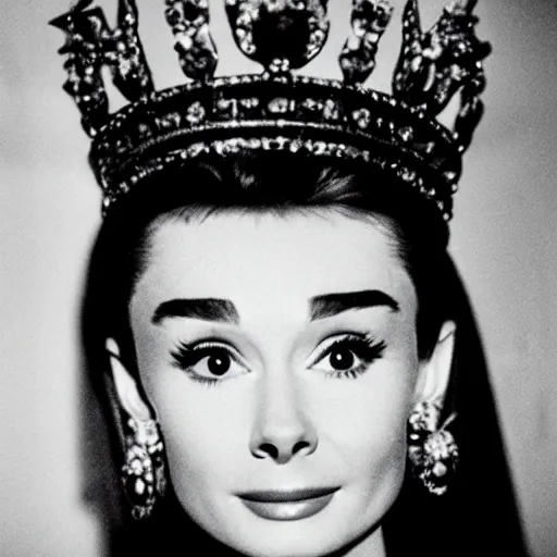 Prompt: portrait of audrey hepburn as a crowned queen, ultra realistic, canon 3 5 mm photography