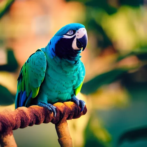 Prompt: A parrot carrying a septor over the ocean, frontal view, bokeh, sunny day, closeup