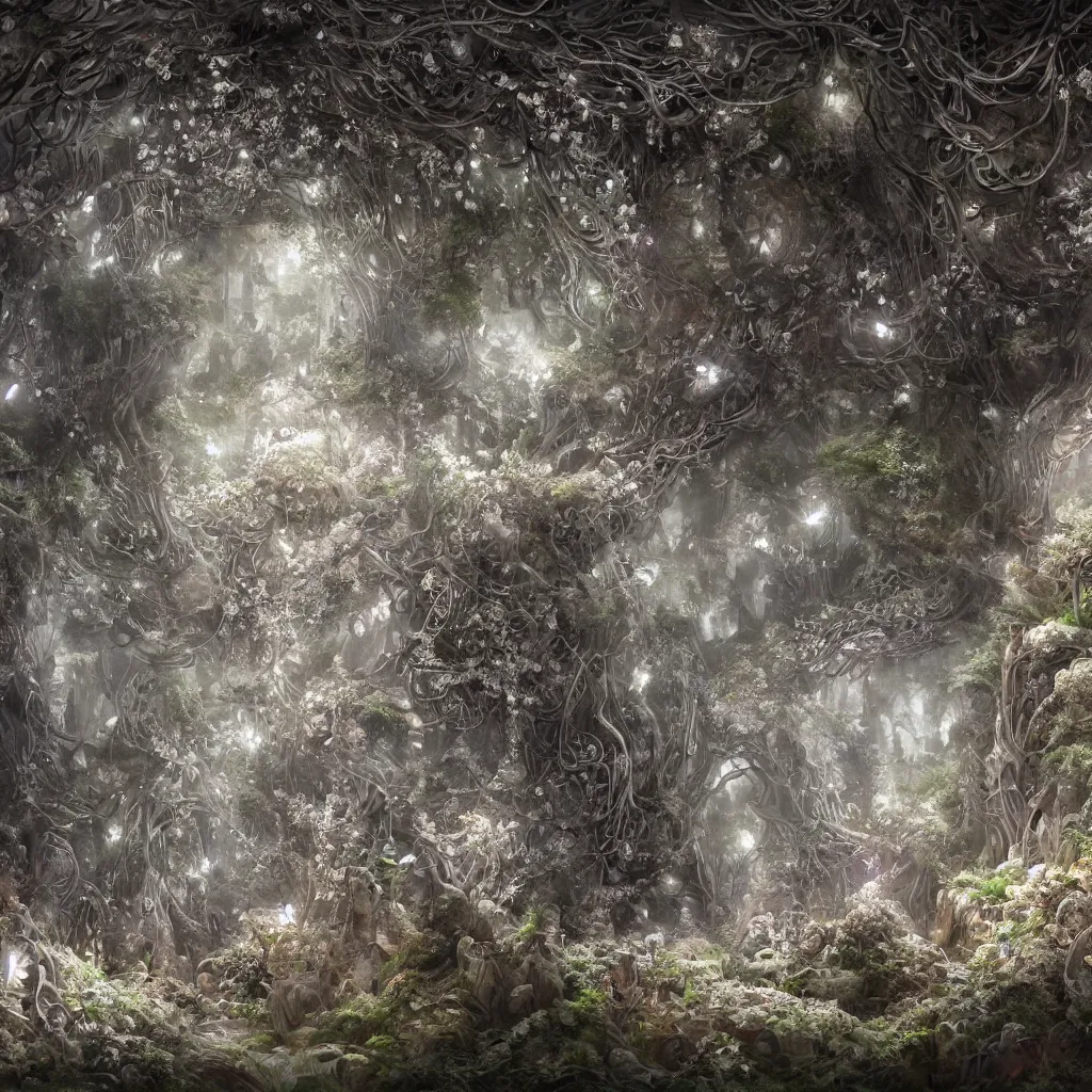 Image similar to biocomputer heart organ intertwined with white biocomputer flowers in a biomechanical cave forest, intricate environment, matte painting, diffused lighting, highly detailed cinematic, atmosphere, diffused lighting, highly detailed digital art, trending on artstation, depth of field, wide angle