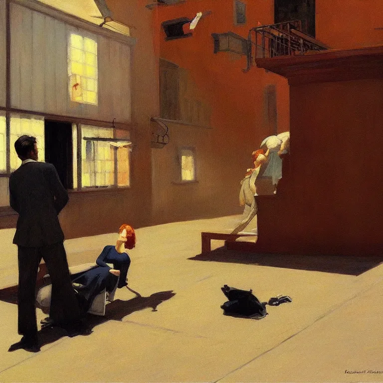 Image similar to flying soucer abducting, quiet foggy scene painted by Edward Hopper and Robert McGinnis masterpiece, intricate, elegant, fantasy, highly detailed, digital painting, concept art, sharp focus, artstation