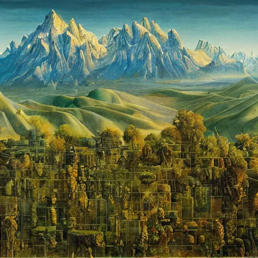 Image similar to beautiful filmed in IMAX dieselpunk painting of a beatiful scenic mountain range surrounded by grainy Zucchini hexagons, by Leonardo da Vinci and Peter Gric and Mark Rothko and Hans Andersen Brendekilde