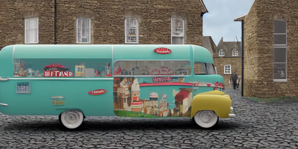 Prompt: digital matte glossy painting nostalgic 1 9 5 0 s ice cream van and village britain, detailed in the style of trevor mitchell