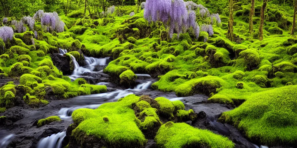 Image similar to photo of a landscape with lush forest nad flowers, wallpaper, very very wide shot, iceland, new zeeland, green flush moss, national geographic, award landscape photography, professional landscape photography, waterfall, stream of water, wisteria flowers, big sharp rock, ancient forest, primordial, sunny, day time, beautiful