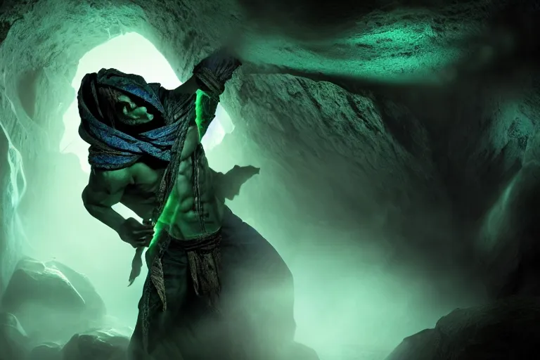 Image similar to vfx film, soul reaver, raziel irl, price of persia movie, missing jaw, hero pose, devouring magic souls, scarf, hood, glowing green soul blade, in epic ancient sacred huge cave temple, flat color profile low - key lighting award winning photography arri alexa cinematography, hyper real photorealistic cinematic beautiful, atmospheric cool colorgrade