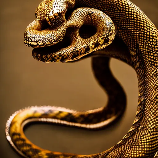 Image similar to giant and oversized coiled snake with a metallic skull as the head, room interior, dark fantasy, XF IQ4, f/1.4, ISO 200, 1/160s, 8K, RAW, unedited, symmetrical balance, in-frame