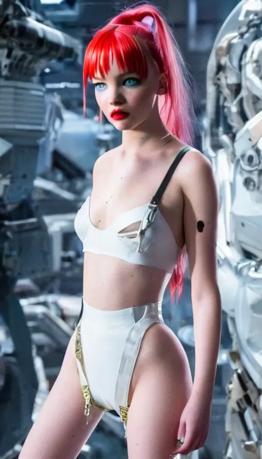 Image similar to a young woman who is a mix of dove cameron and madison beer and milla jovovich and jennifer lawrence stars as leeloo in the 2 0 2 4 remake of the 5 th element, white strap outfit, cinematic still, promotional photo, 8 k hdr, dramatic pose