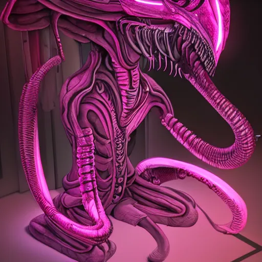 Image similar to a realistic antropomorphic pink elephant dressing necromancer clothes sited in a xenomorphic throne with glow neon eyes, finely detailed, 4 k, photorealistic, cycles engine,