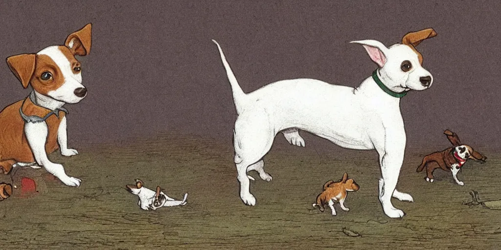 Image similar to jack russel dog, idle animation, sprite sheet illustrated by peggy fortnum and beatrix potter and sir john tenniel