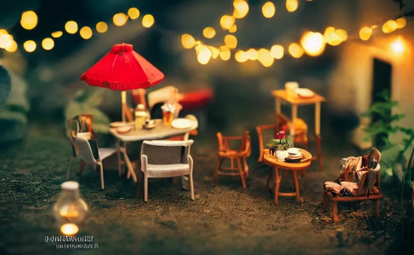 Image similar to mini cafe diorama macro photography, cafe for tiny animals, ambient, atmospheric photograph, string lights, romantic