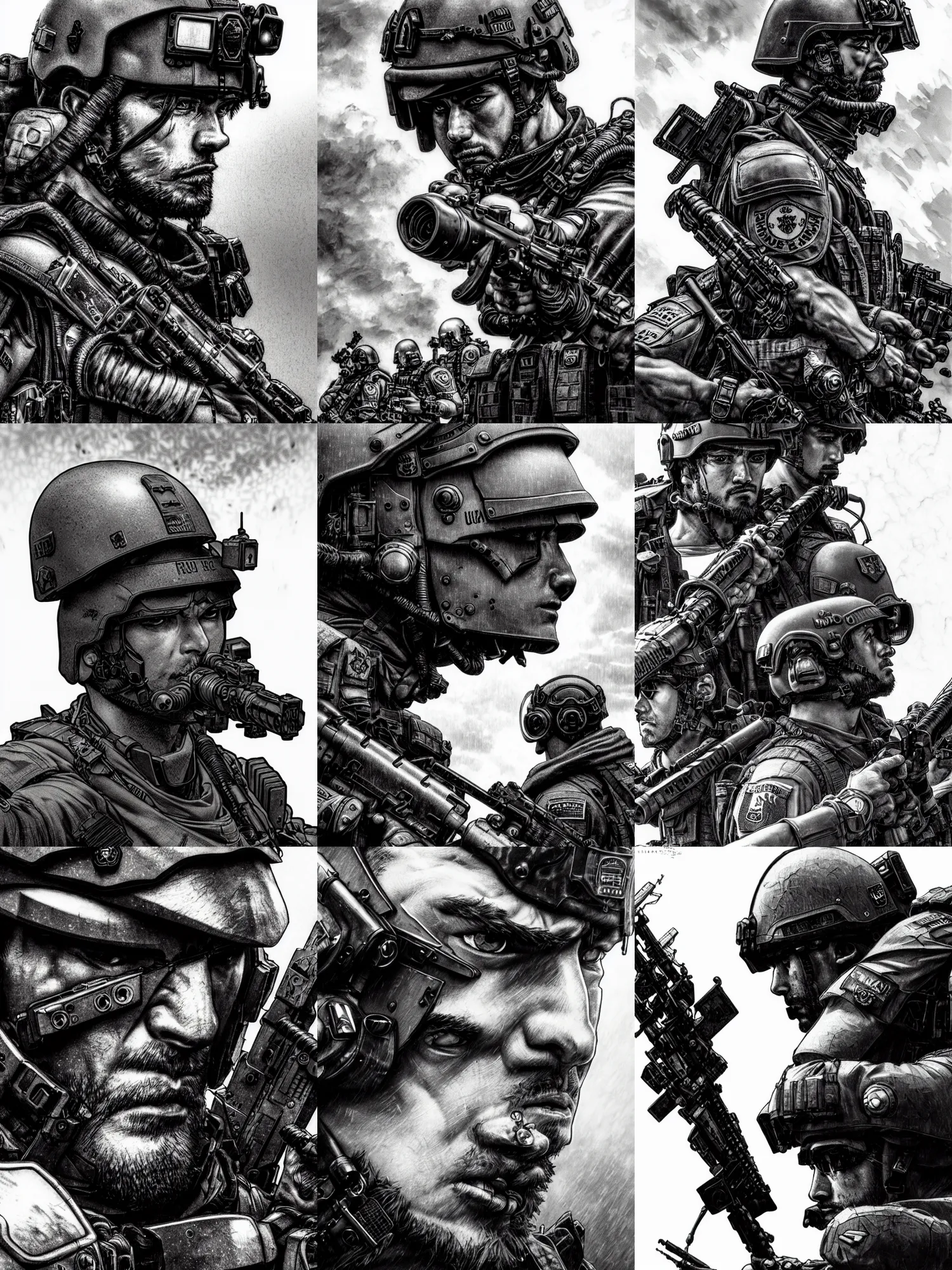 Prompt: close up picture of a special force looking at the sky, angry, sad, rugged, tactical gear, black and white, highly detailed, detailed face, chiaroscuro, manga illustration, artgerm, greg rutkowski, alphonse mucha, takehiko inoue, kentaro miura, light novel cover art