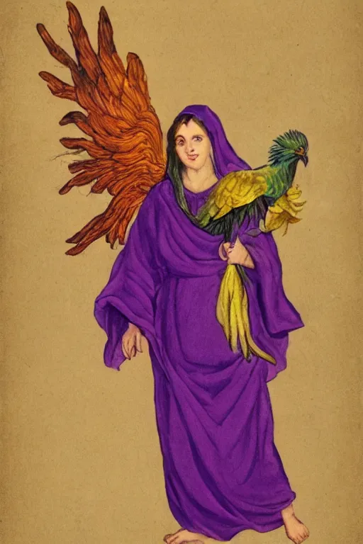 Prompt: woman in purple robes with a phoenix on her shoulder, full body shot