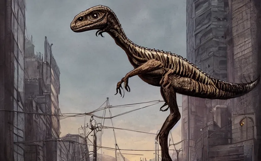 Prompt: An artwork of a velociraptor in a dystopian city, paleo art, brutalism, lamp post