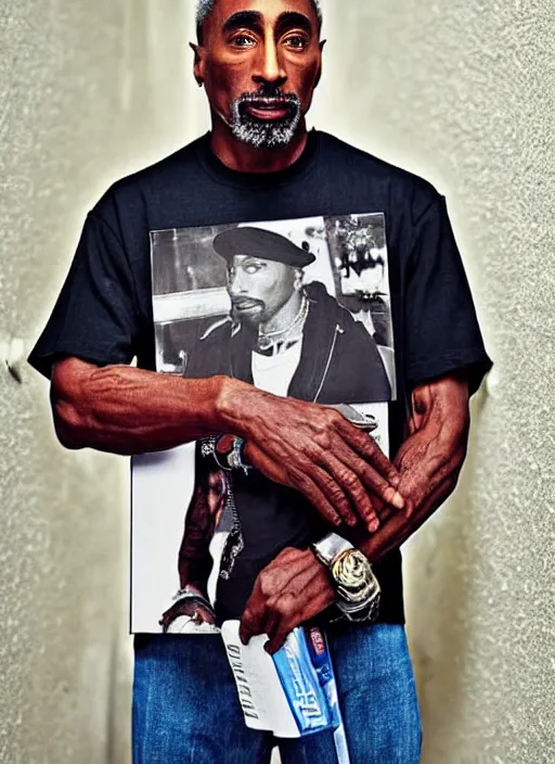 Prompt: dslr photo portrait still of 5 0 year old age 5 0 tupac at age 5 0, 8 5 mm f 1. 8, times magazine