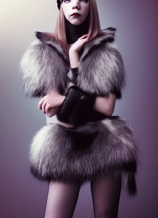 Image similar to full body environmental portrait photo of dressed catgirl anya taylor - joy, cat ears, fur, glamour shot by gemmy woud - binnendijk, chris knight, photorealistic, canon r 3, high fashion photography, elegant, luxury and elite, symmetry, octane render, unreal engine, solid dark grey background, dramatic studio lights, high fashion journal cover