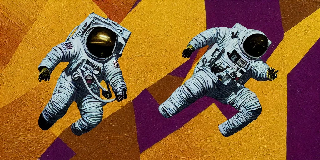 Image similar to insane _ detail _ textured _ art _ deco _ painting _ of _ astronaut _ full _ body _ flying _ from _ bottom _ left _ to _ top _ right _ muted _ greens _ and _ browns _ geometric _ gold _ and _ deep _ purple