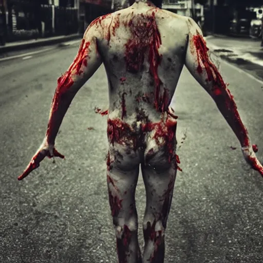 Image similar to ultra detailed photo of a man with many bloody arms covering his entire body