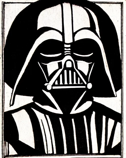 Prompt: b & w woodcut illustration of darth vader from the nuremberg chronicle, 1 4 9 3, restored, hq scan