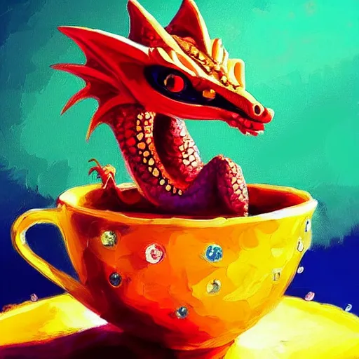 Prompt: tiny jeweled dragon sitting in a teacup, painting by alena aenami