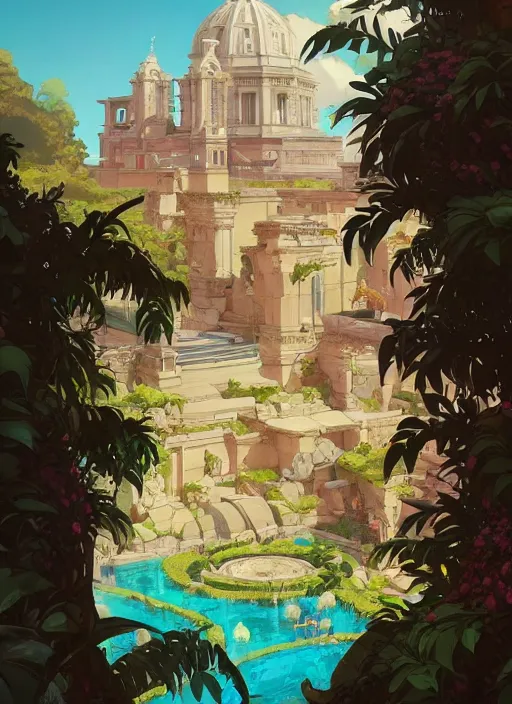 Prompt: a flourishing roman city, glorious, epic scene, beautiful, lush vegetation, pools, in the style of artgerm, gerald brom, atey ghailan and mike mignola, vibrant colors and hard shadows and strong rim light, plain background, comic cover art, trending on artstation