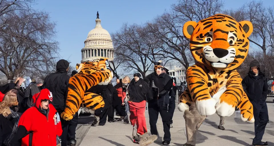 Prompt: Tony the Tiger at the January 6 attack on the US Capitol