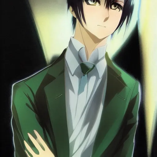 Image similar to full body portrait character concept art, anime key visual of decadent green long straight hair young anime male in black suit, green long straight hair and brown eyes, finely detailed perfect face studio lighting delicate features directed gaze, gapmoe kuudere grimdark, trending on pixiv fanbox, painted by greg rutkowski makoto shinkai takashi takeuchi studio ghibli