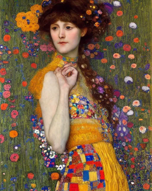 Image similar to a beautiful woman in a colorful dress surrounded by colorful patterns and flowers by gustave klimt and edgar maxence and john william waterhouse and michael whelan, artistic, intricate realistic fantasy, extremely detailed and beautiful face, 8 k resolution, dramatic lighting