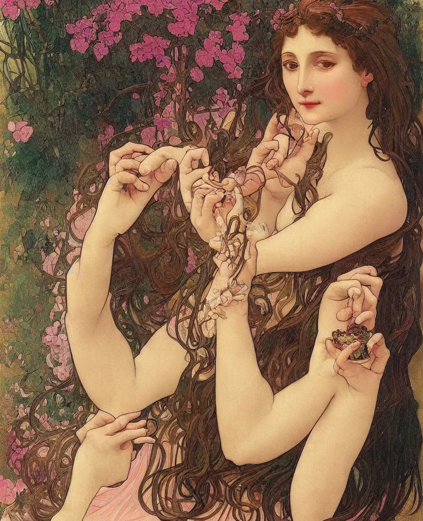 Image similar to a beautiful arrogant surreal greek lady drinking tea looking disdained, rennaisance painting, whimsical, pastel pink color palette, by leonardo da vinci and alphonse mucha