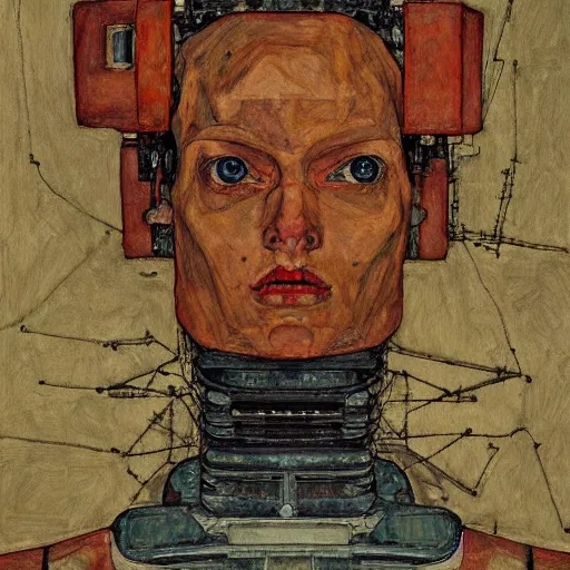 Image similar to portrait of a robot by egon schiele in the style of greg rutkowski