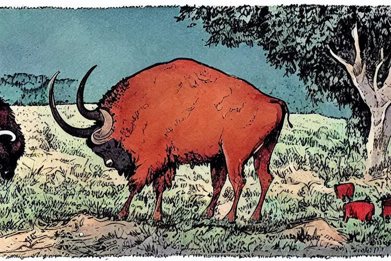 Image similar to a detailed illustration of a buffalo drinking red wine in a vineyard by a barn. by bill watterson and bob ringwood