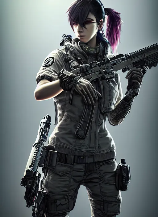 Image similar to the portrait of lawful neutral female cyberpunk marine sniper as absurdly beautiful, gorgeous, elegant, young gravure idol, an ultrafine hyperdetailed illustration by kim jung gi, irakli nadar, intricate linework, bright colors, octopath traveler, final fantasy, unreal engine 5 highly rendered, global illumination, radiant light, detailed and intricate environment