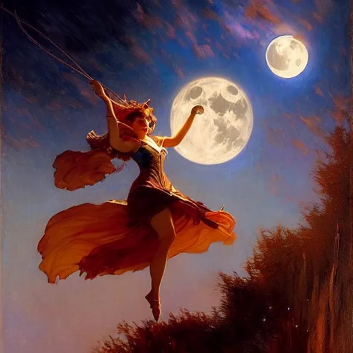 Image similar to attractive witch magically flying trough the night, fantasy, full moon in background. highly detailed painting by gaston bussiere, craig mullins, j. c. leyendecker 8 k