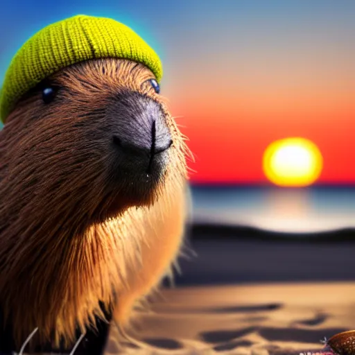 Prompt: a photorealistic photograph of a knitted cute Capybara dressed in sunglasses and a blue beanie cap. The subject is drinking a refreshing Cosmopolitan drink at the beach during sunset. The image is Trending on Artstation, featured on Behance, well-rendered, fine detail, extra crisp image, Unreal Engine, 4K HD