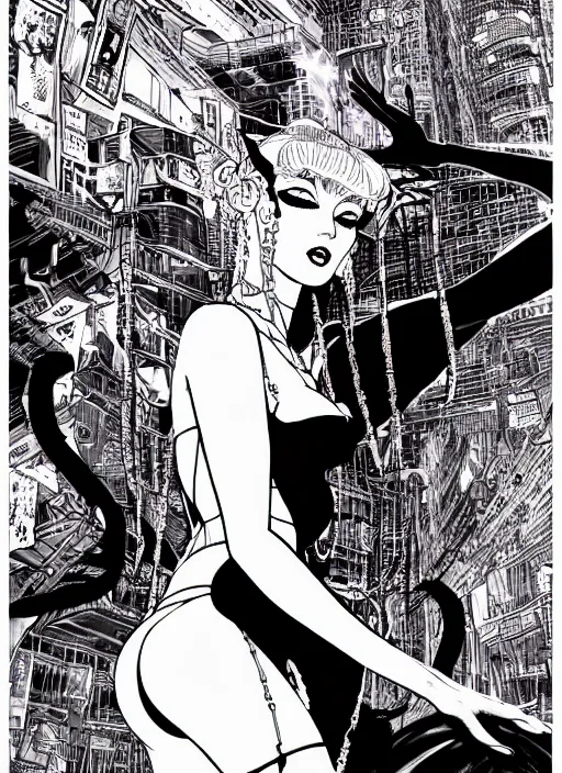 Image similar to lili st. cyr as a cyberpunk dancer, science fiction comic illustration by ken taylor and takato yamamoto, intricate, stunning inking lines, hyper detailed, 4 k, hd, award winning, photorealistic