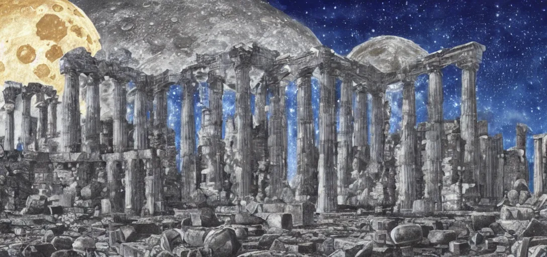 Prompt: The ruins of the Silver Millennium on the moon from Sailor Moon, digital painting, large Earth in the distance, Greek-esque columns and ruins