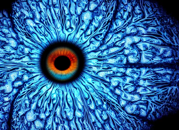 Prompt: macro photo of a eye with big blue fractal iris , detailed, photorealistic , macro photography