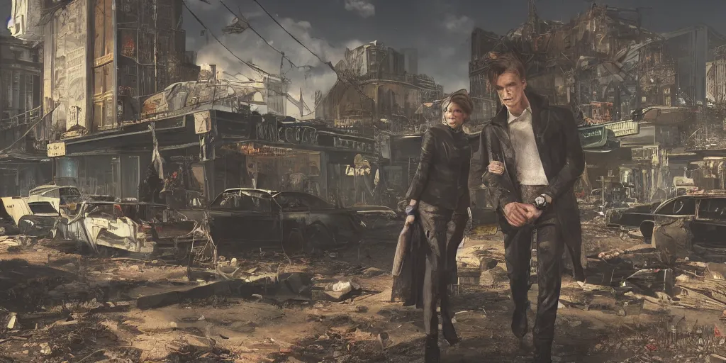 Image similar to fallout 4, charismatic david bowie, portrait, outdoors ruined cityscape, atmospheric lighting, painted, intricate, volumetric lighting, beautiful, daytime, sunny weather, slight overcast, sharp focus, deep colours, ultra detailed, by leesha hannigan, ross tran, thierry doizon, kai carpenter, ignacio fernandez rios