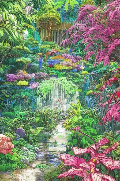Prompt: concept art painting of a cascading garden, lush, vibrant, plants, leaves, flower, flowers, exotic garden, artgerm, moebius, inio asano, toon shading, cel shading, calm, tranquil, vaporwave colors,