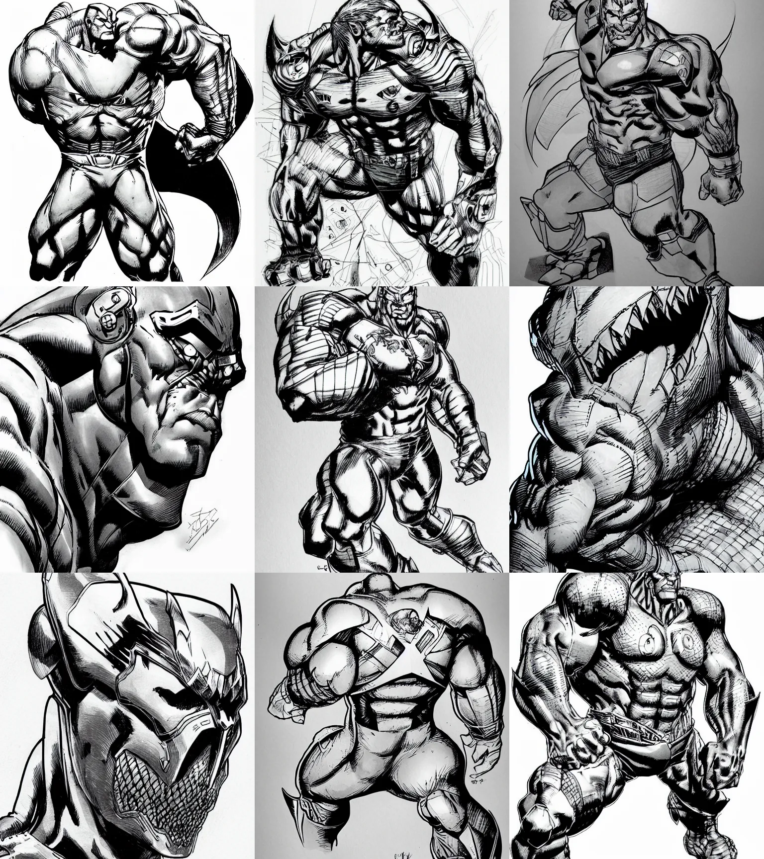 Prompt: sharkl!!! jim lee!!! sideview full shot!! flat grayscale ink sketch by jim lee close up in the style of jim lee, ( attention pose ) cyborg! rugged knight hulk shark animal superhero by jim lee