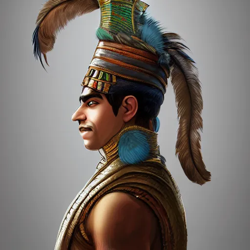 Prompt: a man in a costume with feathers on his head, egyptian art by senior character artist, cgsociety, fantasy art, made of feathers, egyptian art, concept art