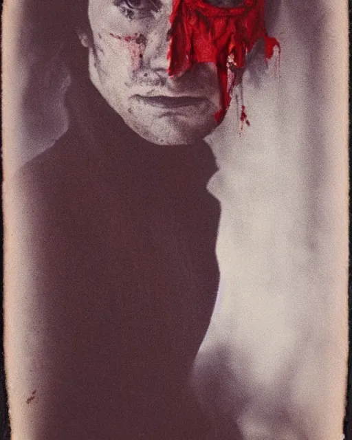 Image similar to an instant photo of a handsome but sinister ghost of a man in layers of fear, with violence in his eyes, 1 9 7 0 s, seventies, woodlands, delicate embellishments, a little blood, crimson, painterly, offset printing technique, by mary jane ansell