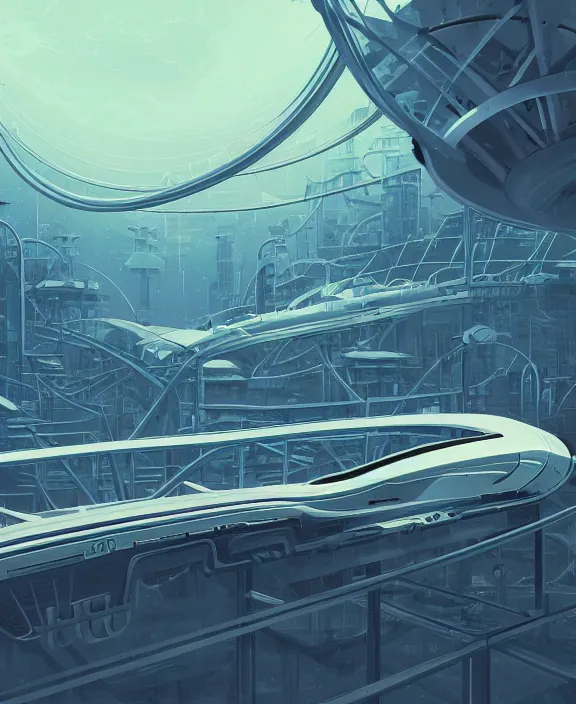 Image similar to simplicity, elegance, a roller coaster made out of simple organic forms, in the style of a streamlined asymmetrical spaceship, bleak apocalyptic environment, by dan mumford, yusuke murata, makoto shinkai, ross tran, cinematic, unreal engine, cel shaded, featured on artstation, pixiv