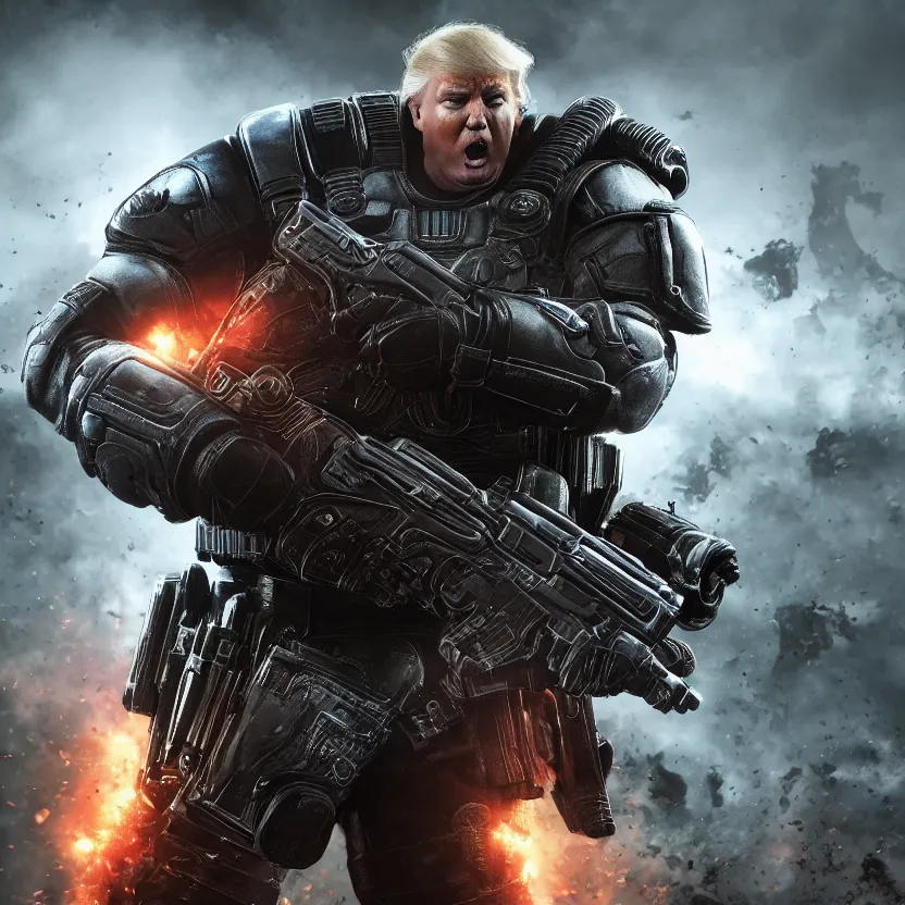 Image similar to Portrait of Donald Trump as the punisher in Gears of War, splash art, movie still, cinematic lighting, dramatic, octane render, long lens, shallow depth of field, bokeh, anamorphic lens flare, 8k, hyper detailed, 35mm film grain