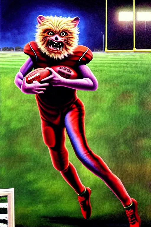 Image similar to a hyperrealistic painting of a chimeric creature scoring a touchdown on the foot ball field. cinematic horror by chris cunningham, lisa frank, richard corben, highly detailed, vivid color,