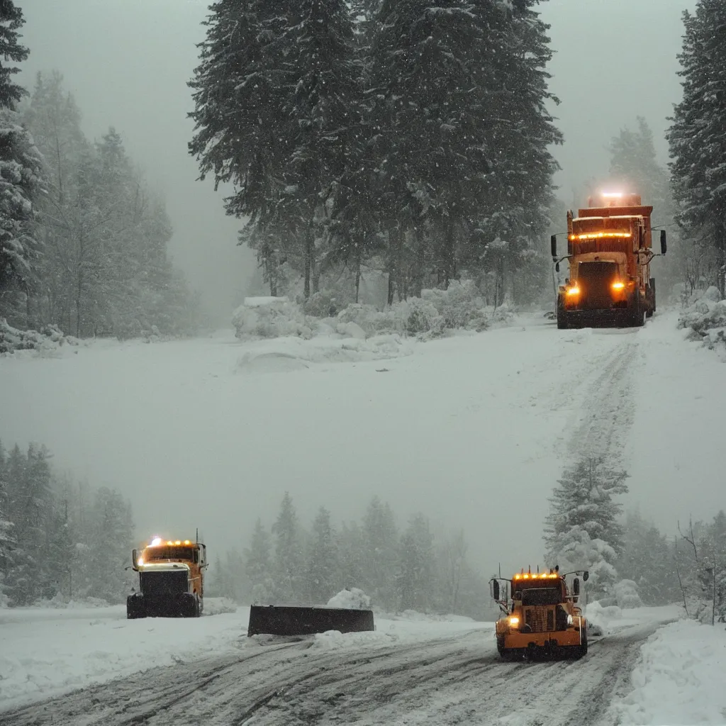 Image similar to photo, big snow plow truck is in the distance with a bright headlighta. cold color temperature, snow storm. hazy atmosphere. humidity haze. kodak ektachrome, greenish expired film, award winning, low contrast,