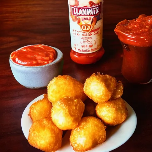 Image similar to food photo of channing tatum's face as giant tater tot on a plate with ketchup