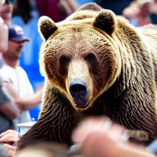 photo of a grizzly bear at a nathan's hot dog eating | Stable Diffusion ...